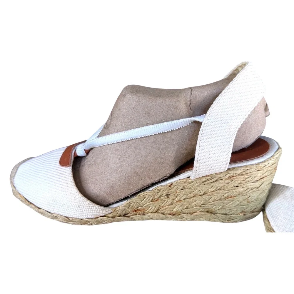Lauren‎ Ralph Lauren Cream Canvas Espadrille 9B Wedge Sandals Slingback coastal